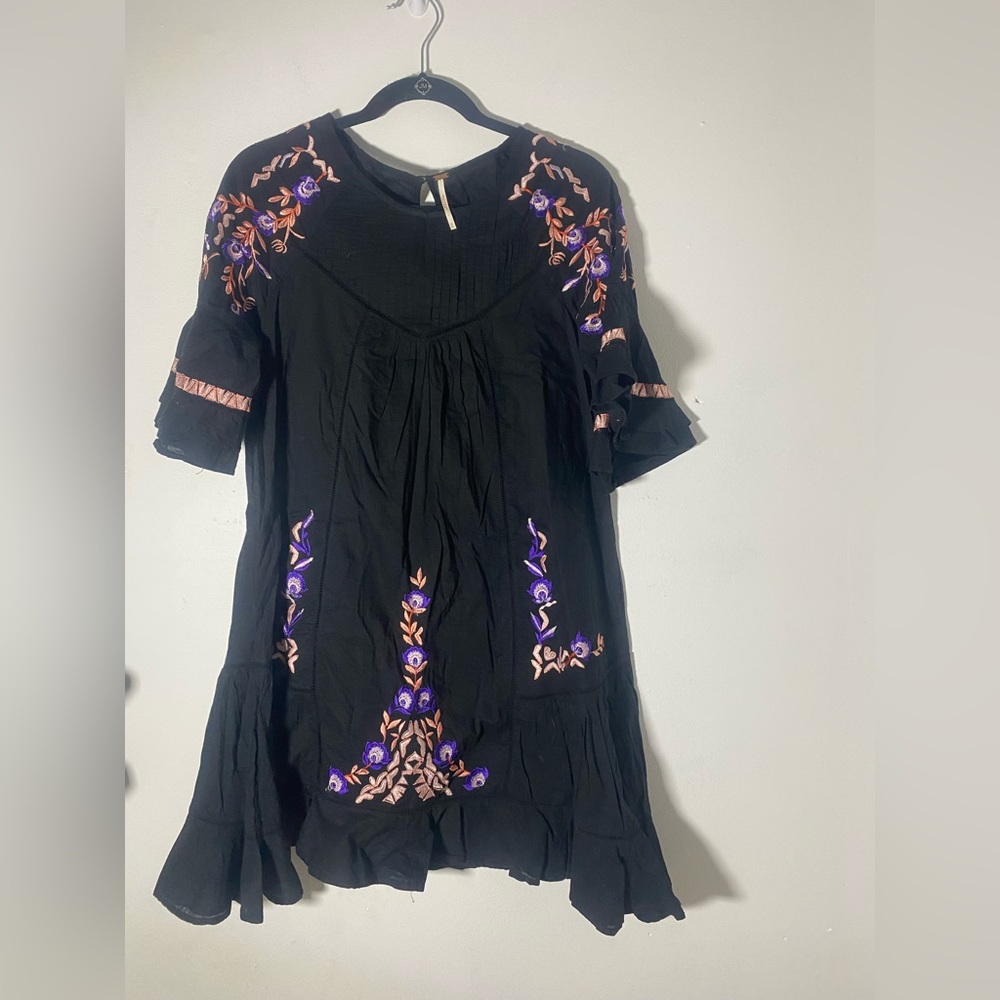 Free People Pablo Black Embroidered Ruffle Dress
